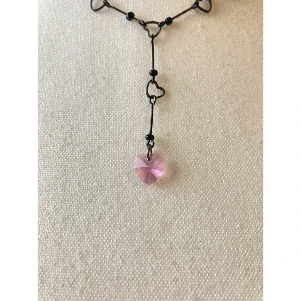 Black Wire Heart Choker Necklace Pink Faceted Heart Charm Y Drop Gothic‎ Dainty